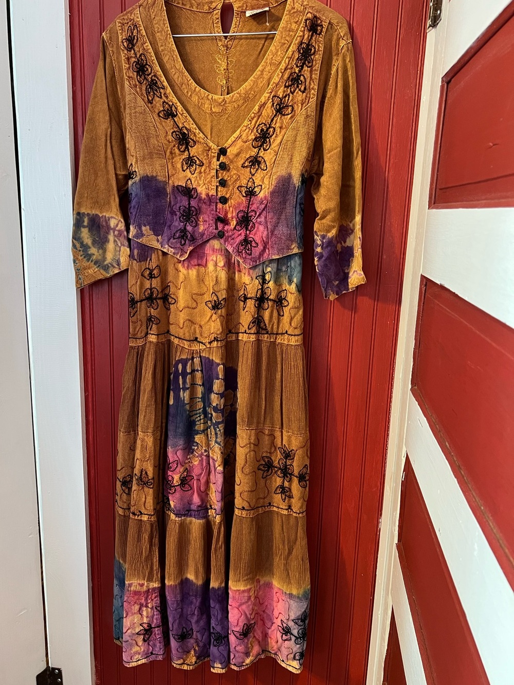 Magic Boho Rayon Mustard Maxi Dress with Purple & Pink Accents Free Size - Picture 8 of 9